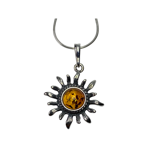 Amber and Sterling Silver Sun Pendant Necklace