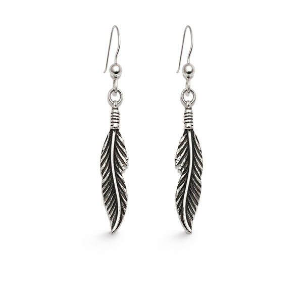 Sterling Silver Oxidised Feather Hook Earrings