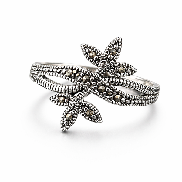 Sterling Silver Oxidised Leaf Ring with Marcasite