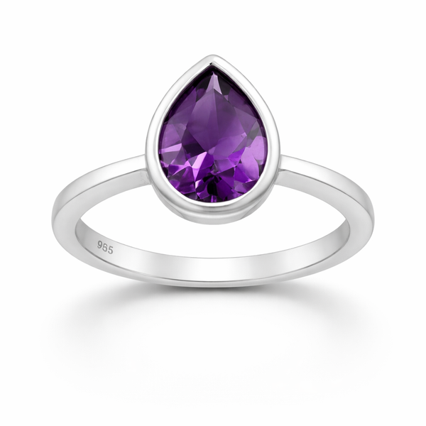 Sterling Silver Solitaire Amethyst Droplet Ring