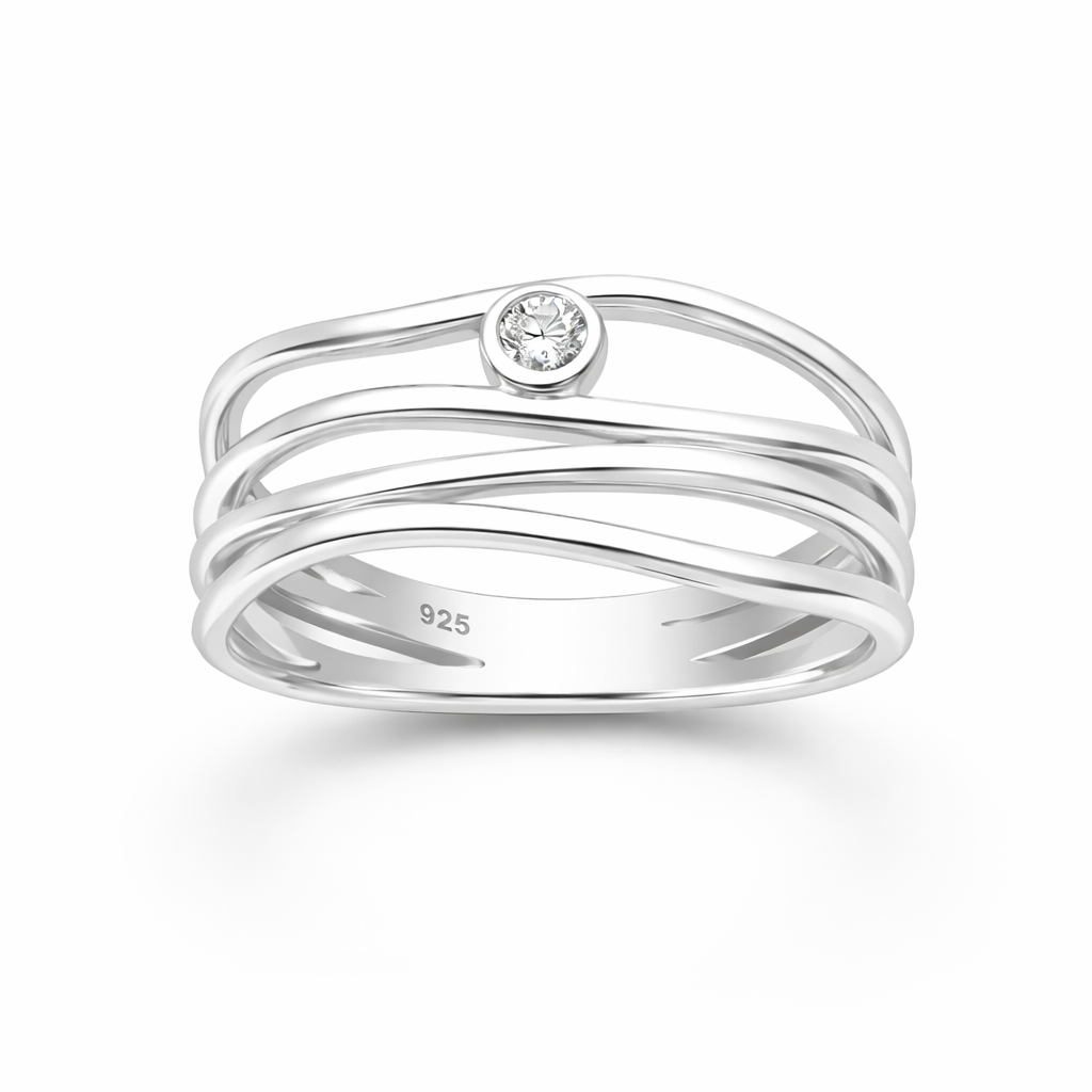 Sterling Silver Layered Ring with Cubic Zirconia Diamond