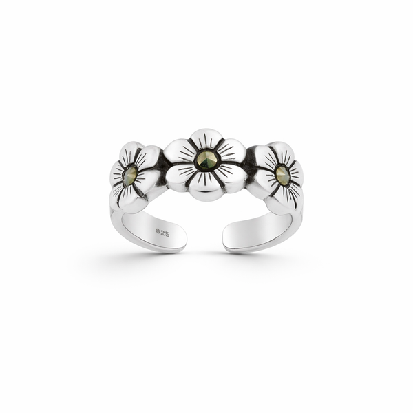 Sterling Silver Oxidised Flower Toe Ring, Decorated with Marcasite