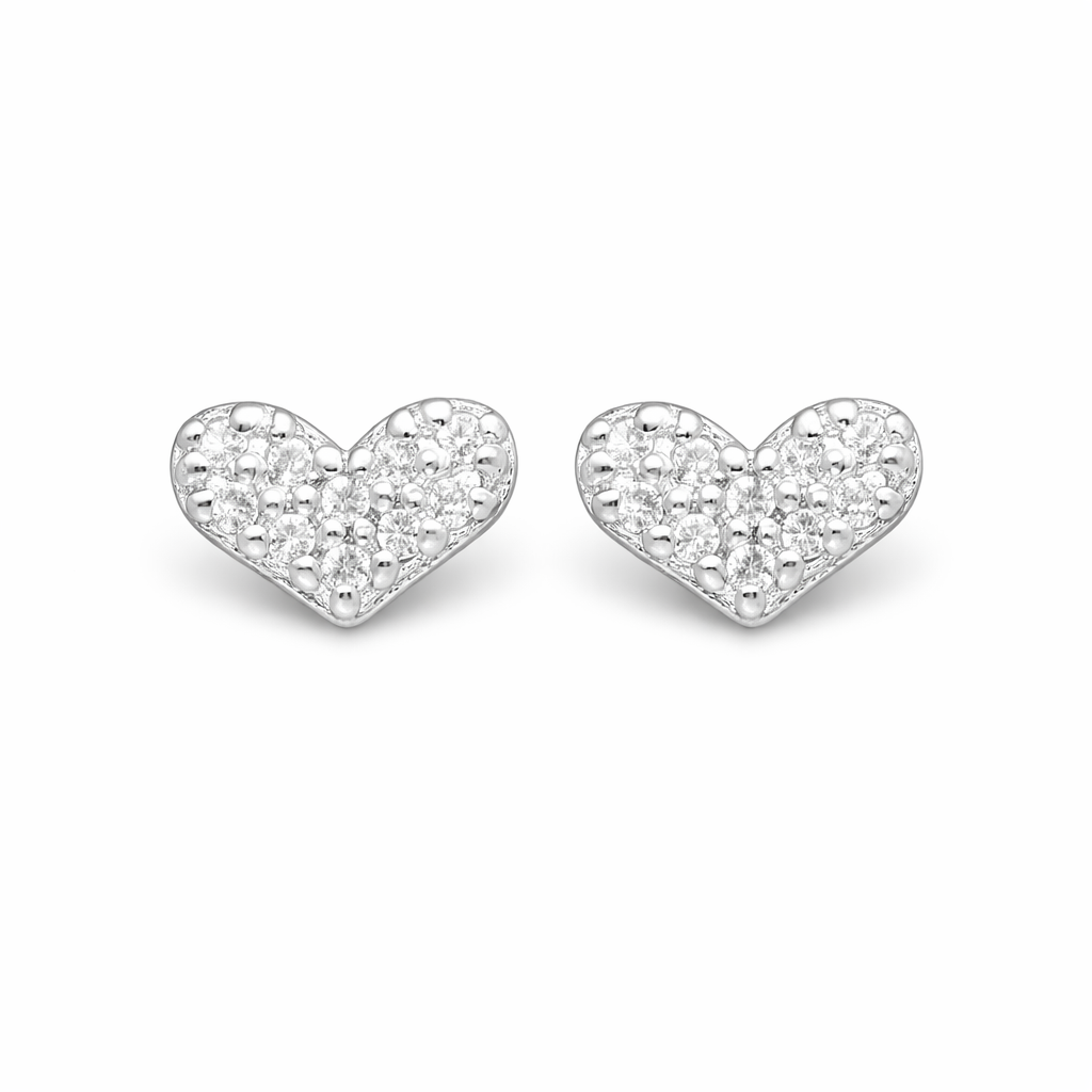 Sterling Silver Heart & CZ Diamond Stud Earrings