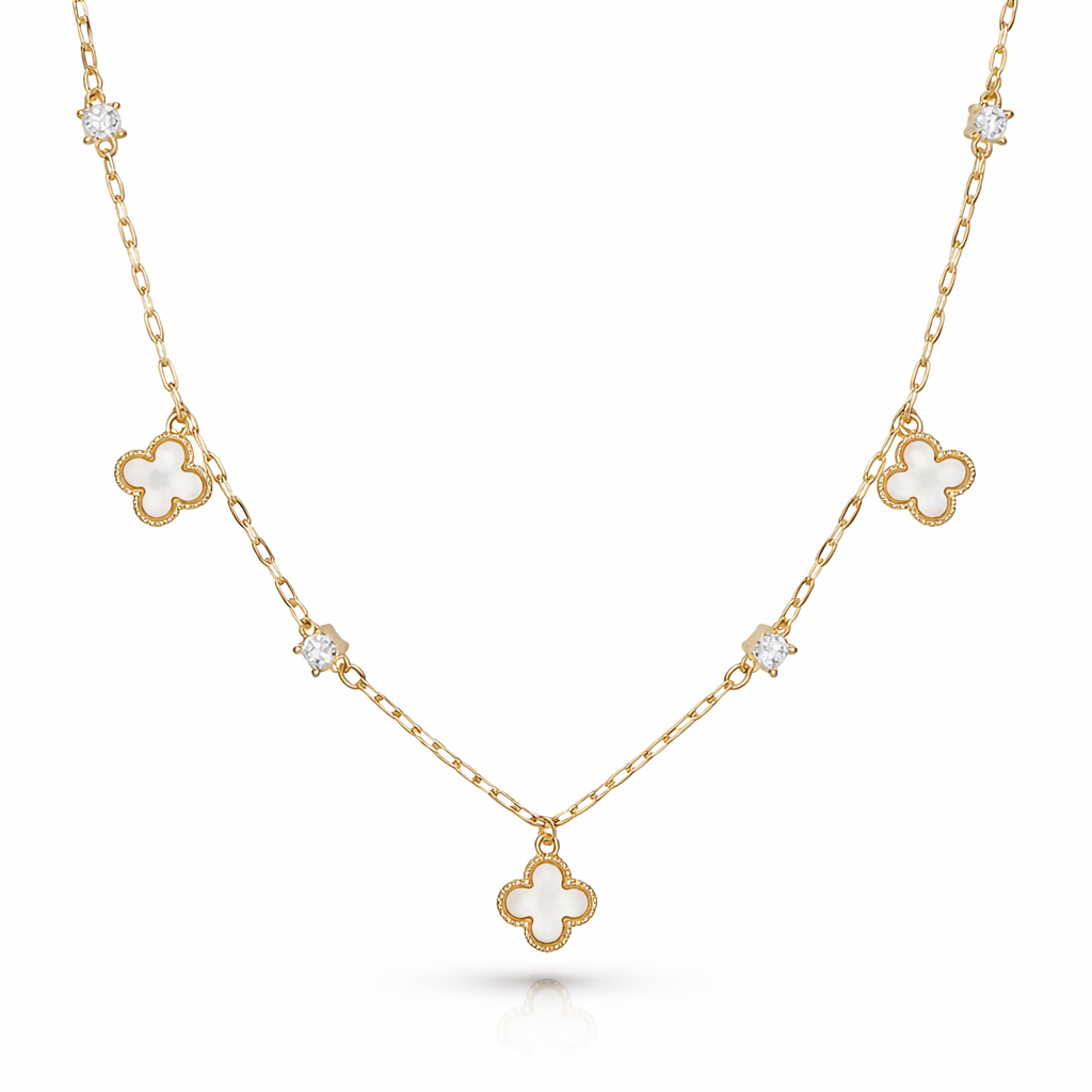 Gold Plated Mother of Pearl Clover Necklace with Cubic Zirconia Accents