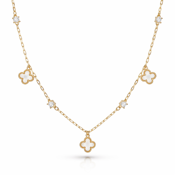 Gold Plated Mother of Pearl Clover Necklace with Cubic Zirconia Accents