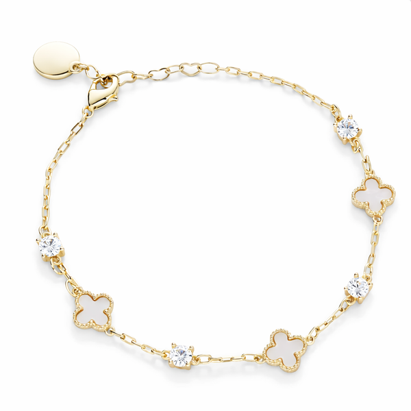 Gold Plated Mother of Pearl Clover Bracelet with Cubic Zirconia Accents