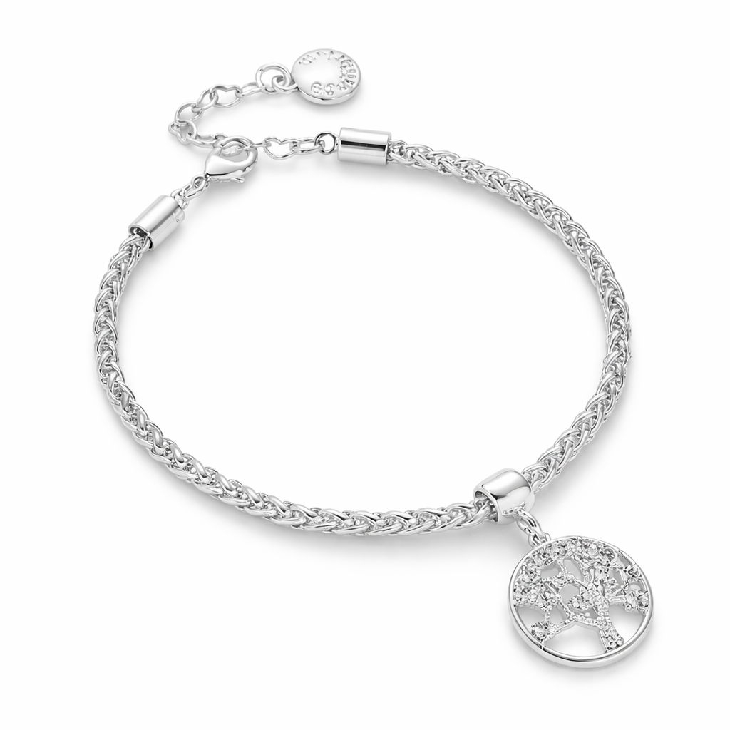 Tree of Life Silver Plated Adjustable Bracelet with CZ