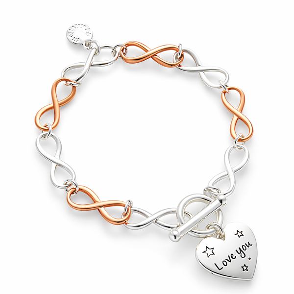 Silver and Rose Gold Plated Infinity Link Bracelet with Heart Message Charm