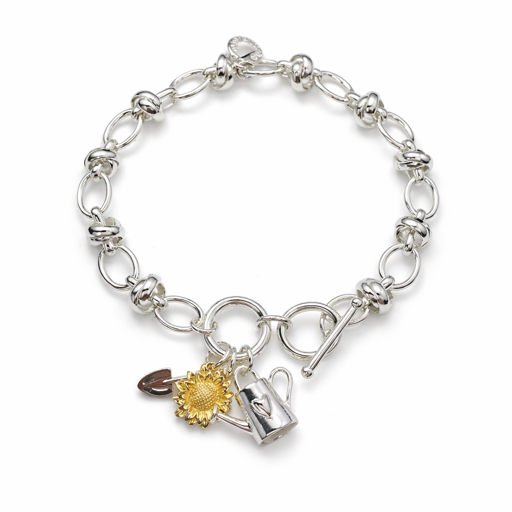Silver Charm Bracelet, Sunflower Garden Charm Toggle Bracelet