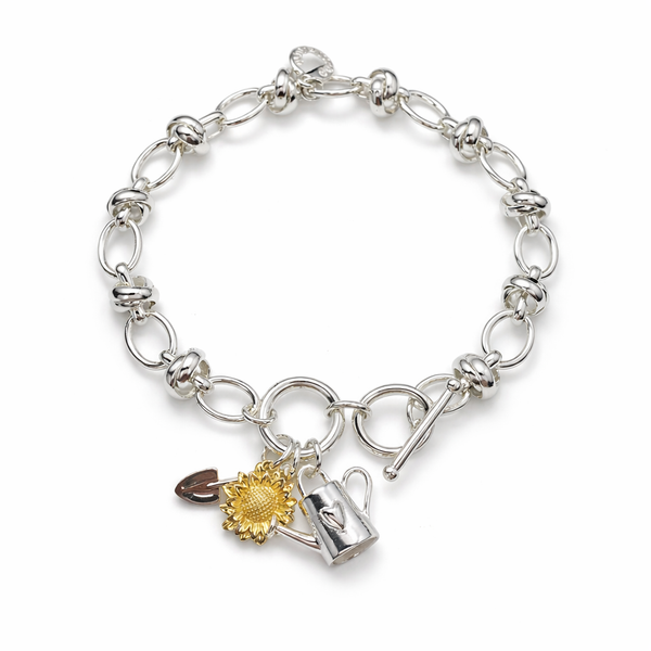 Silver Charm Bracelet, Sunflower Garden Charm Toggle Bracelet