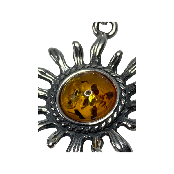 Amber and Sterling Silver Sun Pendant Necklace