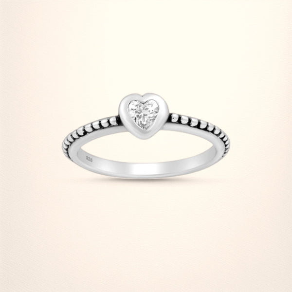 Sterling Silver Oxidized Heart Ring, Decorated with CZ Diamond