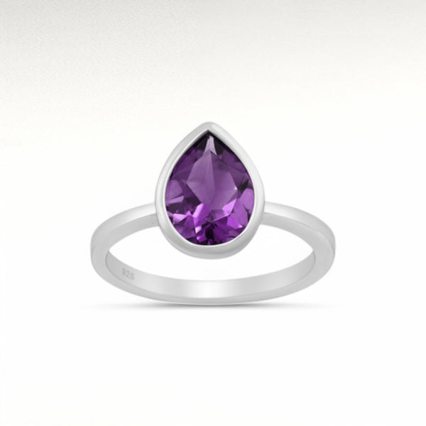 Sterling Silver Solitaire Amethyst Droplet Ring