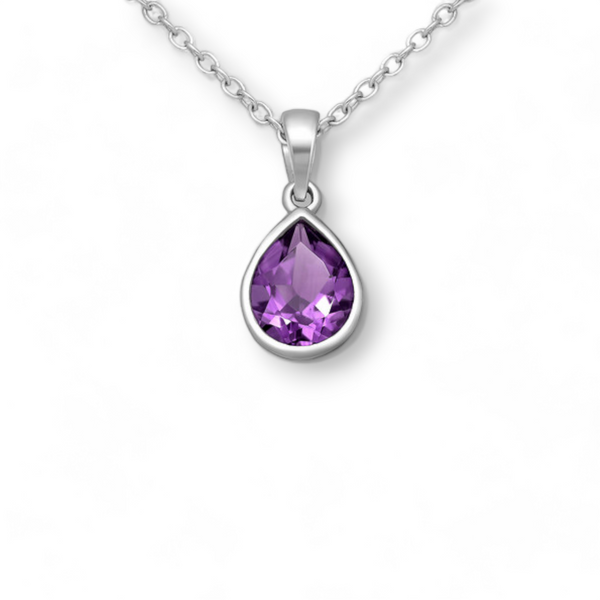 Sterling Silver Droplet Solitaire Pendant Necklace, Decorated with Amethyst