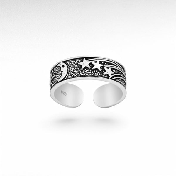 Sterling Silver Adjustable Oxidized Moon and Star Toe Ring